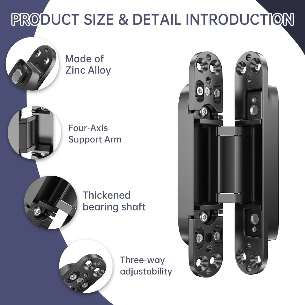 7 Inch Invisible Hinges for Door Concealment - 180 Degree Swing, 3-Way Adjustable, Zinc Alloy, Silent Operation, Long-Lasting Du