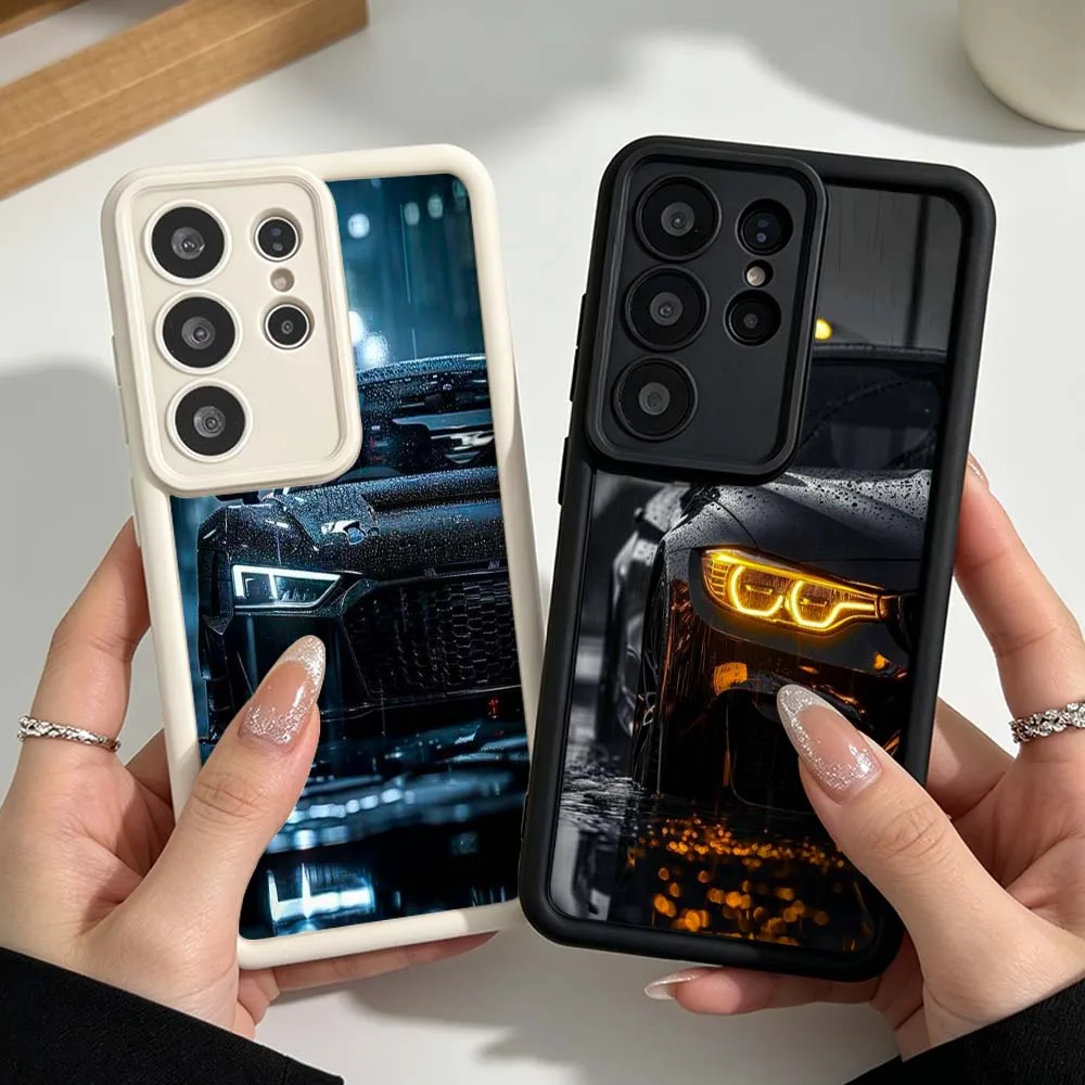 Wet Black Car Headlight For Samsung Galaxy S26 S25 S24 S23 S22 S21 S20 Ultra Plus FE Eye Ladder Silicone Phone Case Cover
