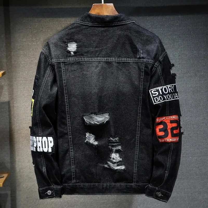 Denim Jacket Men Women Hip Hop Streetwear Punk Motorcycle Ripped Print Cowboy Outwear High Quality Casual Hole Male Jeans Coat