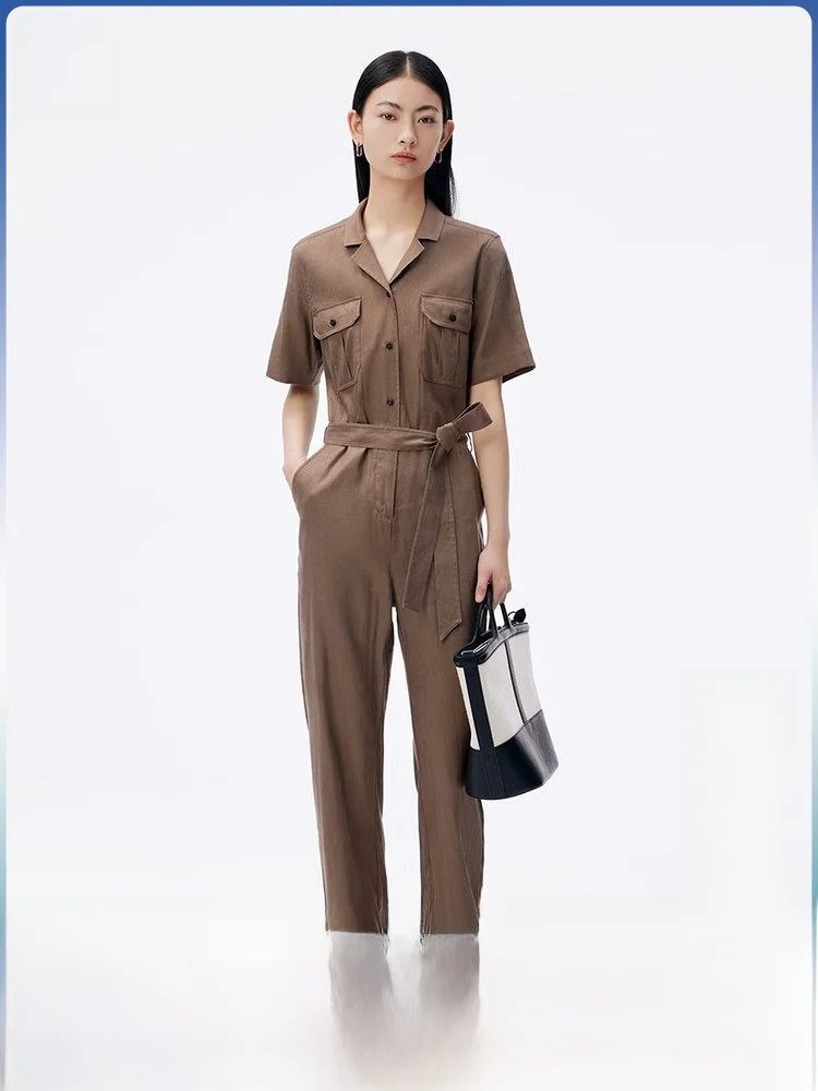 

Casual Summer 2023 Women's One-Piece Pants with Cuffed Ankles Flip Collar Belt Decorated High Waist Workwear Sle