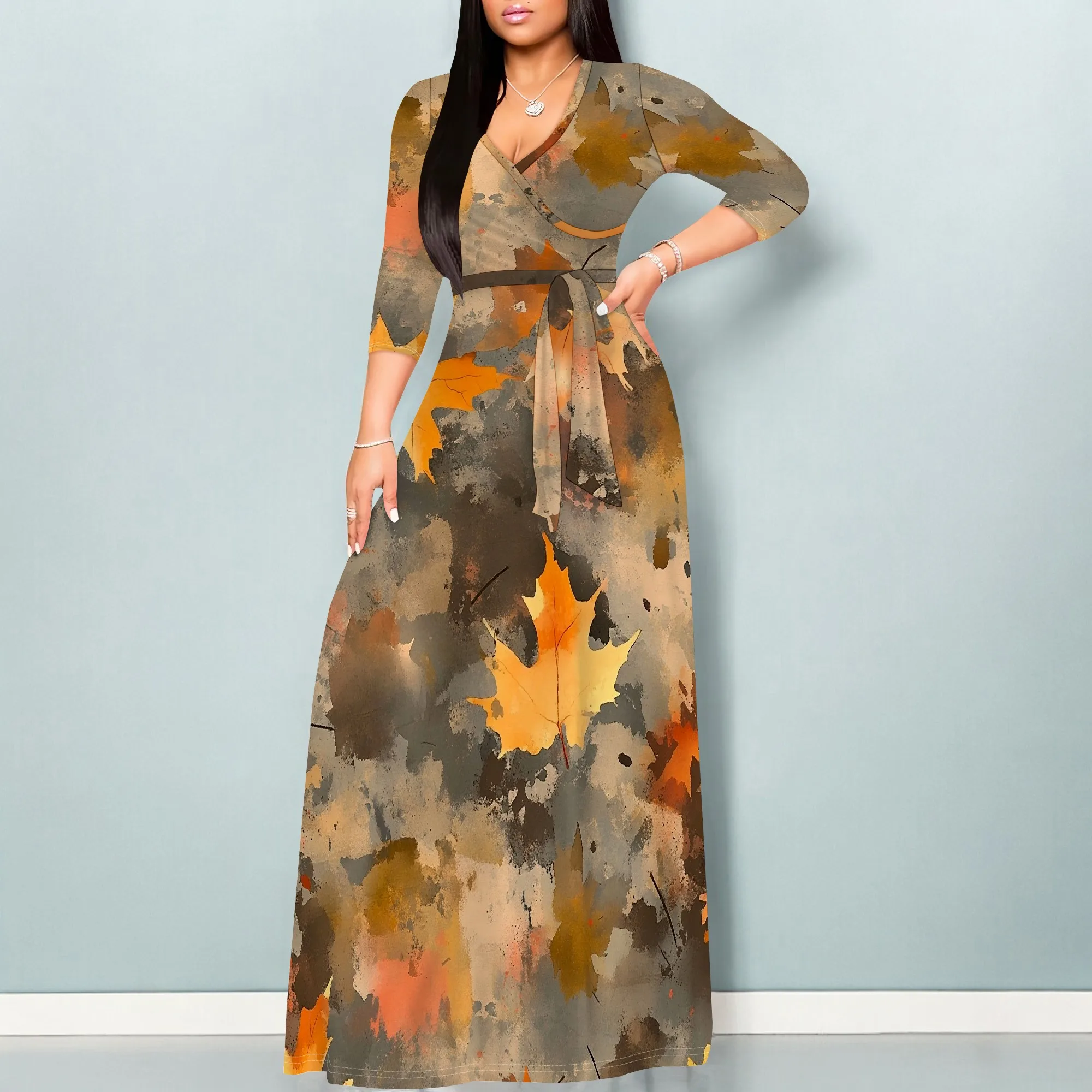 

Women's Autumn Leaf Print Maxi Dress XS-3XL 2025 V Neck Long Sleeve Belted Dress for Fall Thanksgiving or Daily Wear
