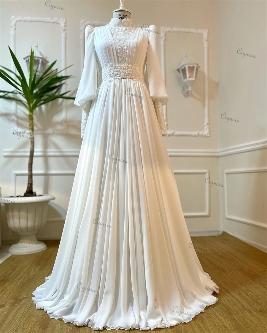Ciynsia Personalizzato Robe De Mariée Francia Abito da sposa 2025 Pizzo Perline A-Line Chiffon Dubai Arabo Maniche lunghe Abito da sposa