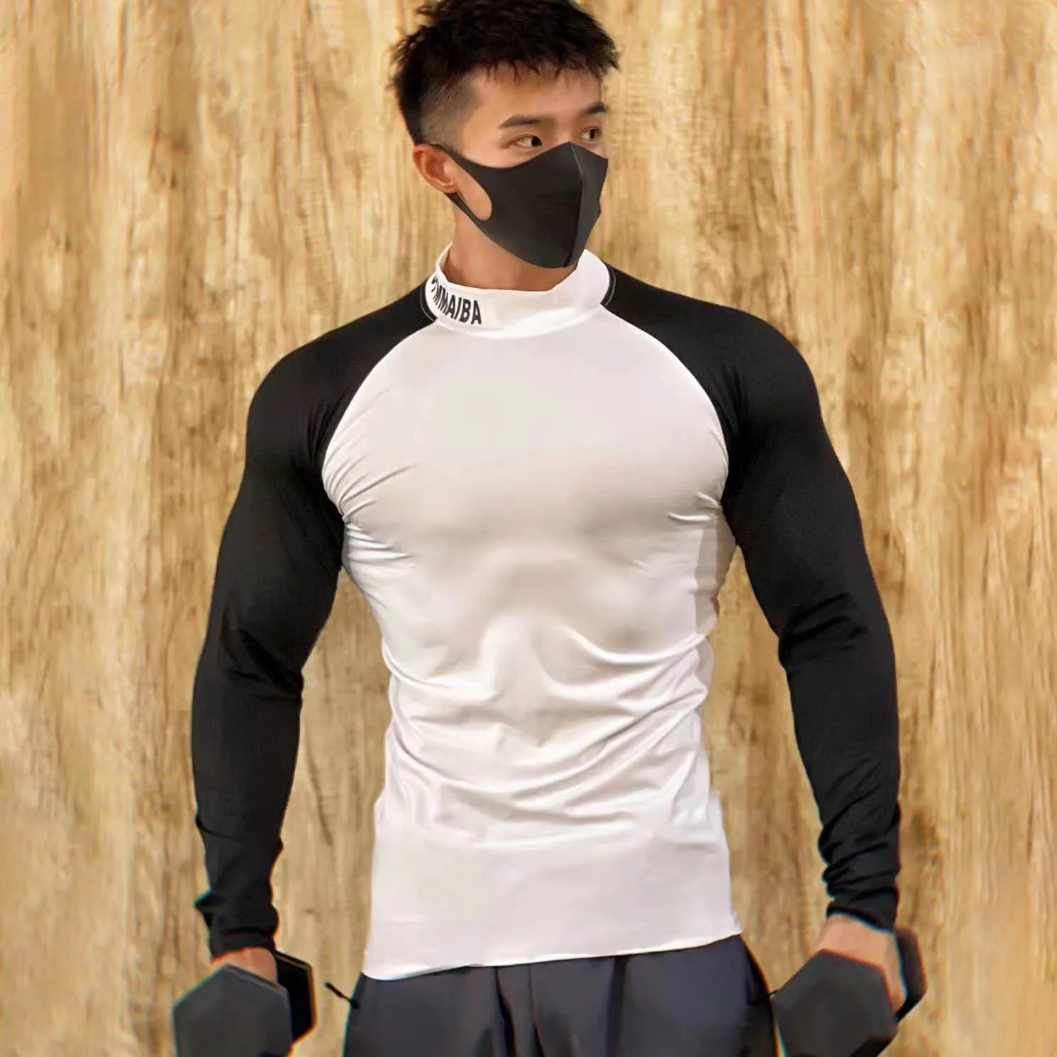 Men Turtleneck Long Sleeve Shirts Slim Fit Bodybuilding Tshirt Patchwork for Men Woukout Fitness Training Shirt