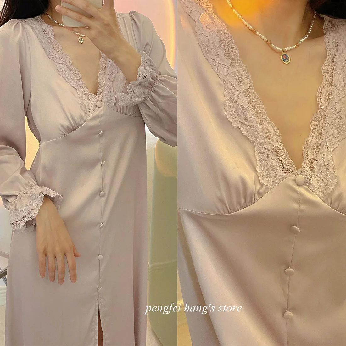 Long Sleeve Lace Sleepwea Silk Satin Nightgown Lady Elegant Homewear Fairy Princess Style Nightwear V-Neck Nightdress Loungewear