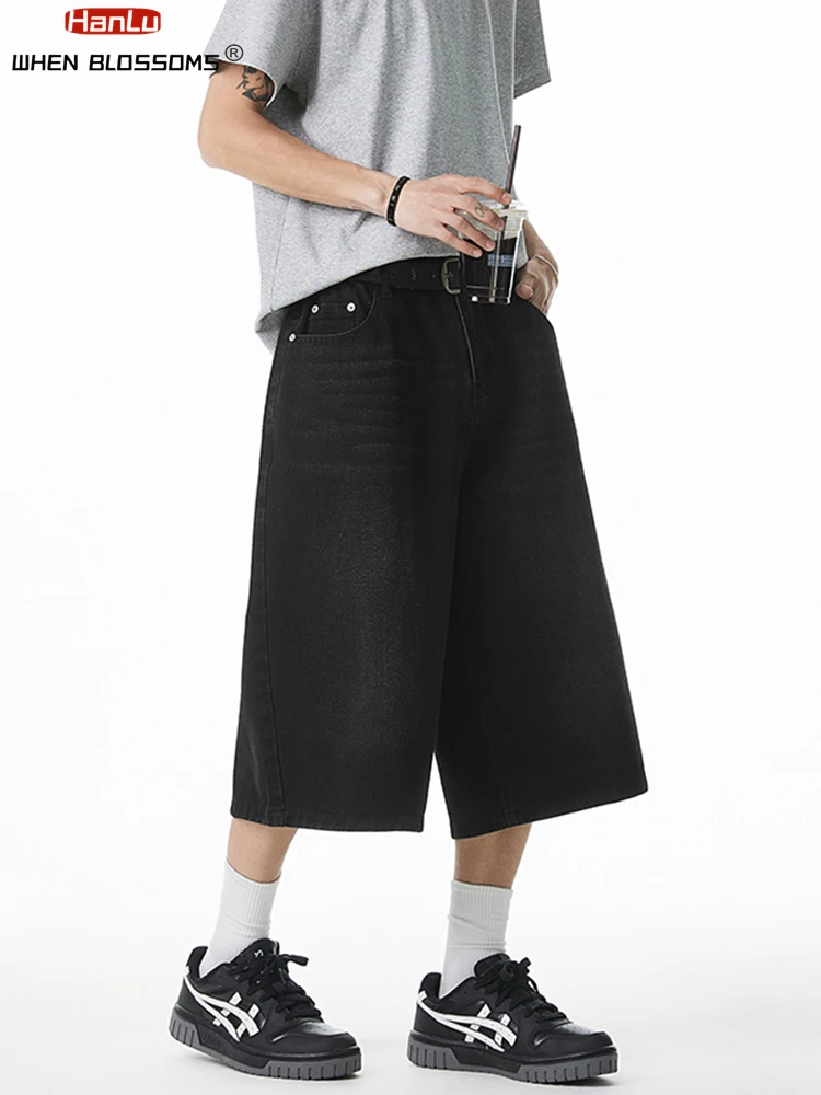 2025 Summer Men\'s Wide Leg Jeans Shorts Vintage Distressed Wash Y2K Straight Elastic Waist Loose Casual Relaxed Fit
