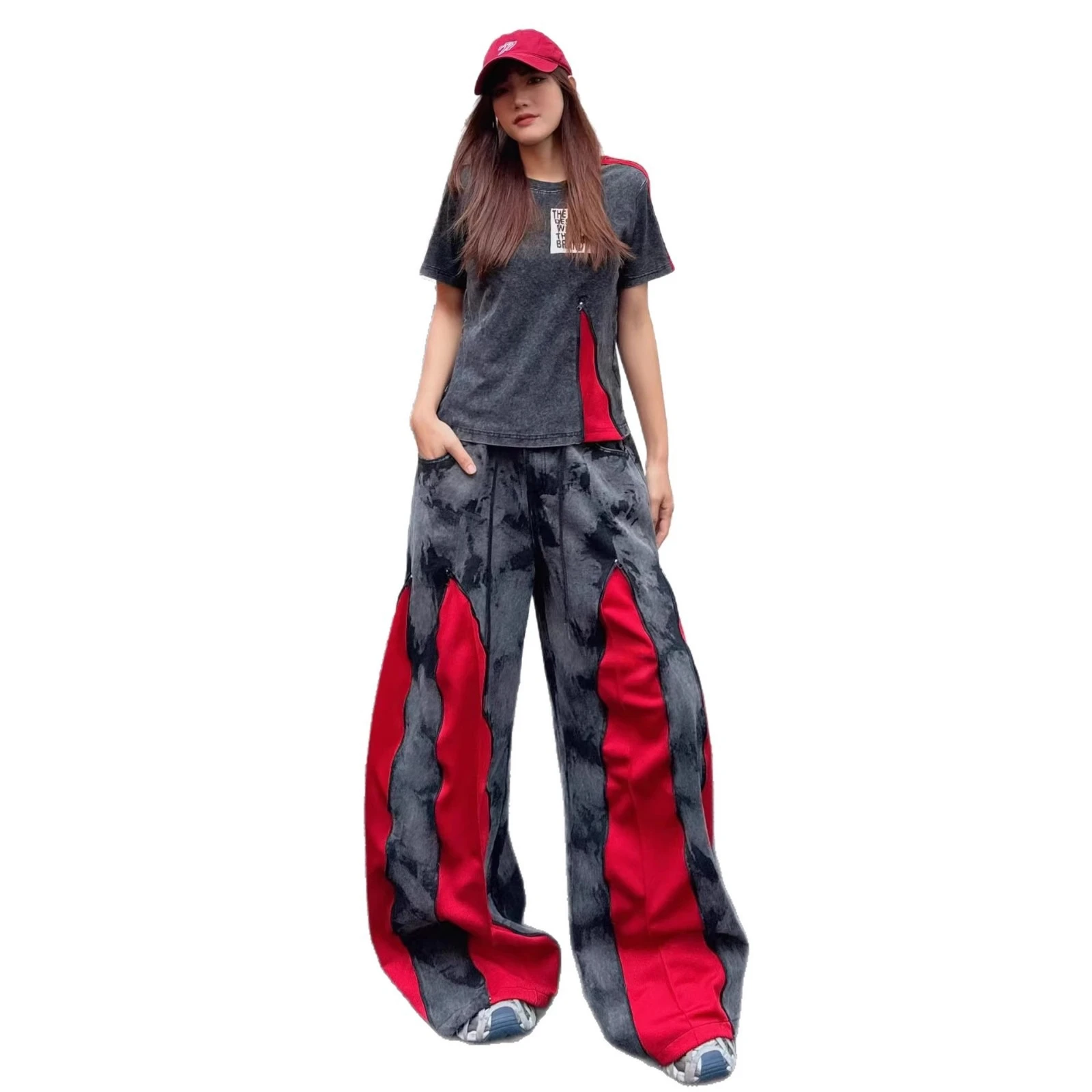 European Style Women's Jeans 2026 Spring New Heavy Zipper Pleated Color-Block Design Loose Trendy Long Pants