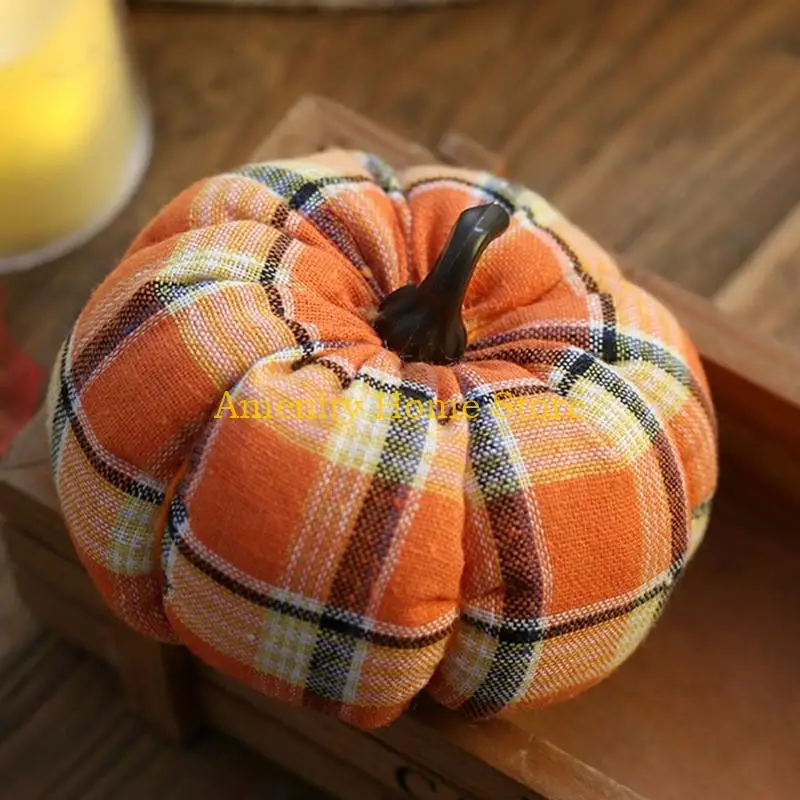 F26C Plaids Fabric Pumpkin Decoration with Stem, Farmhouse Checkered Pumpkins for Fall Harvest and Thanksgiving Tabletop