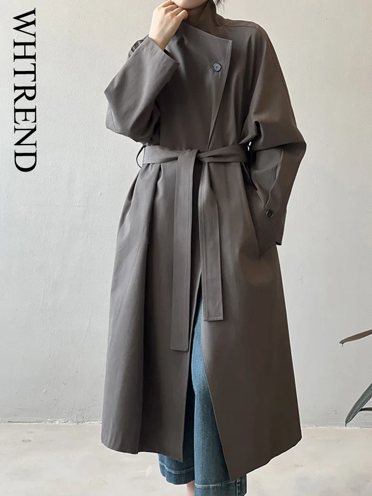 

WHTREND длинный плащ с воротником-стойкой и одной пуговицей для женщин, осенний новый стиль, элегантная повседневная куртка WH1176