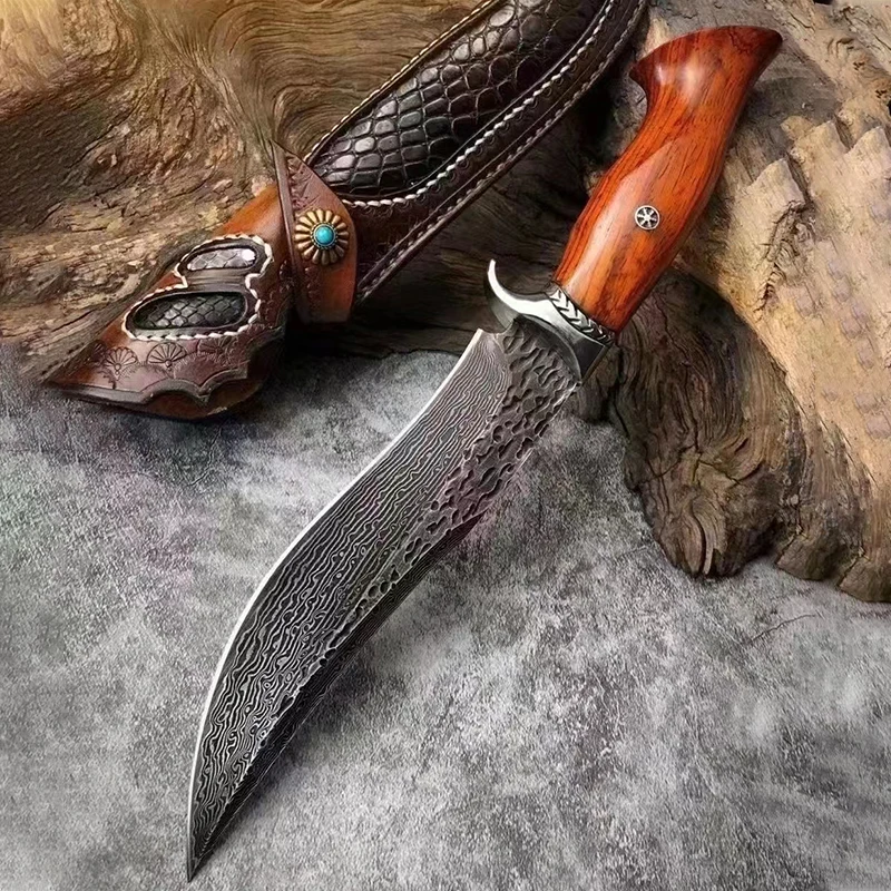 Handmade Hunting Knife Damascus Steel Fixed Blade Knife Leather Sheath Dalbergia Wood Handle Outdoor Survival Camping EDC Tool