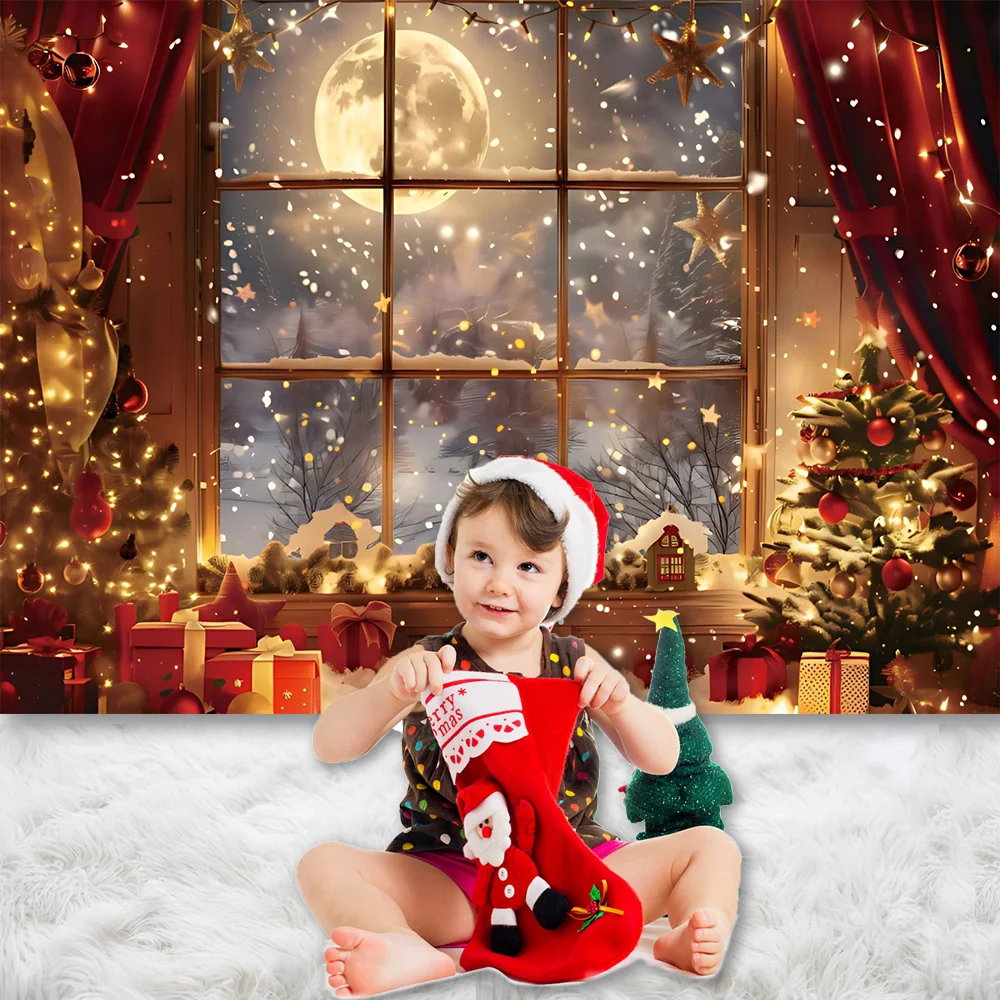 Merry Christmas Photography Background Santa Fireplace Winter Snow Christmas Tree Curtains Moon Xmas Eve NewYear Decoration Prop
