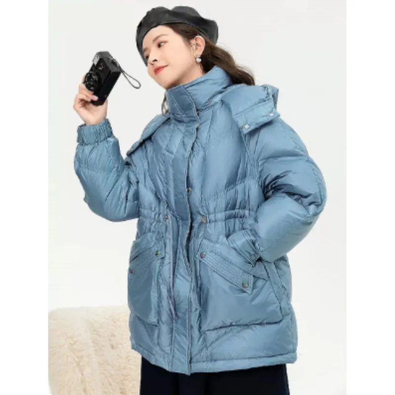 Winter new fashion cobalt blue hooded waist slim length down jacket female