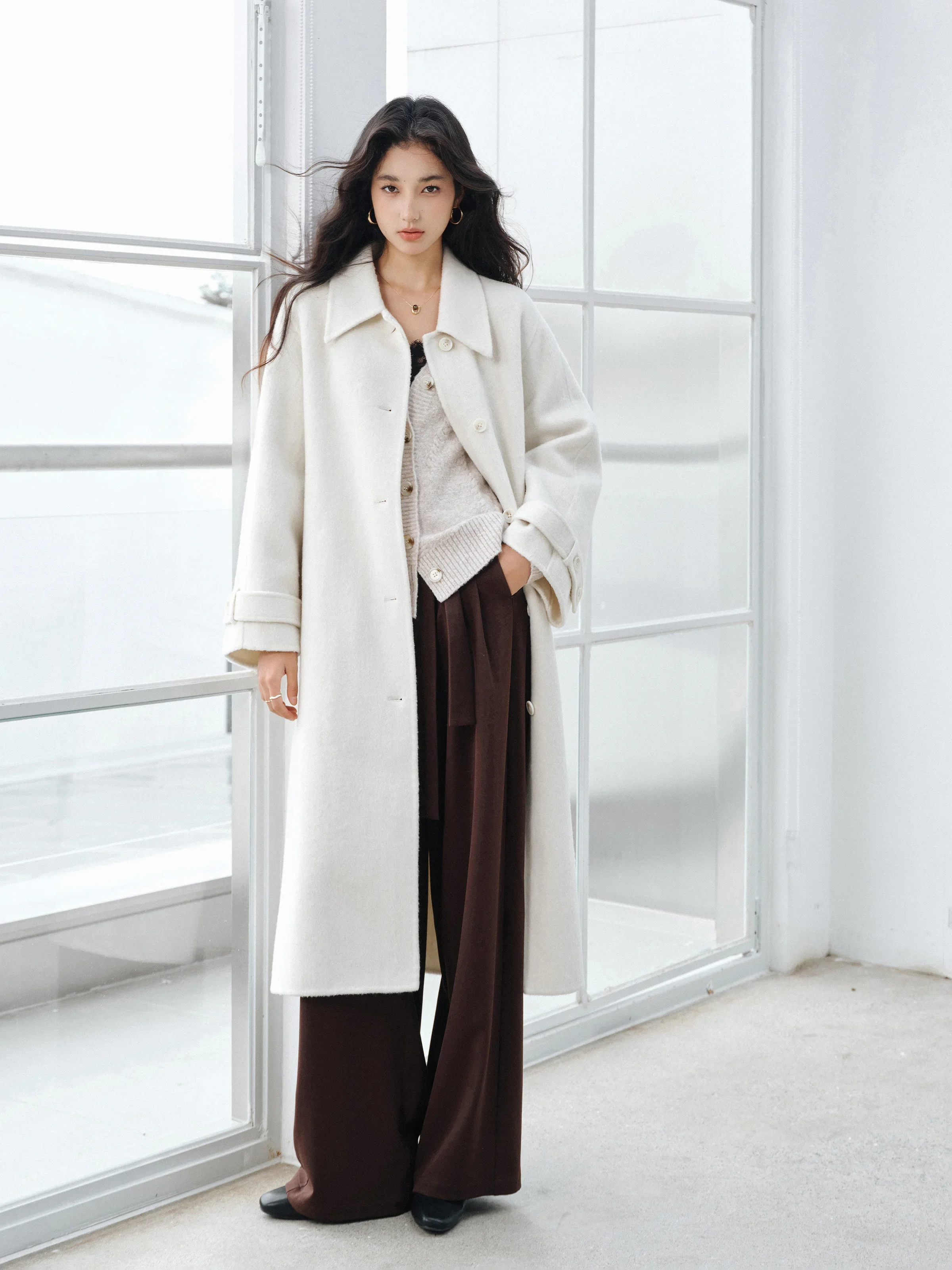 Wool Blend Long Coat for Women Elegant Belted Double-Face Wool Overcoat Lapel Collar Winter Outerwear Warm Tailored Wrap Design