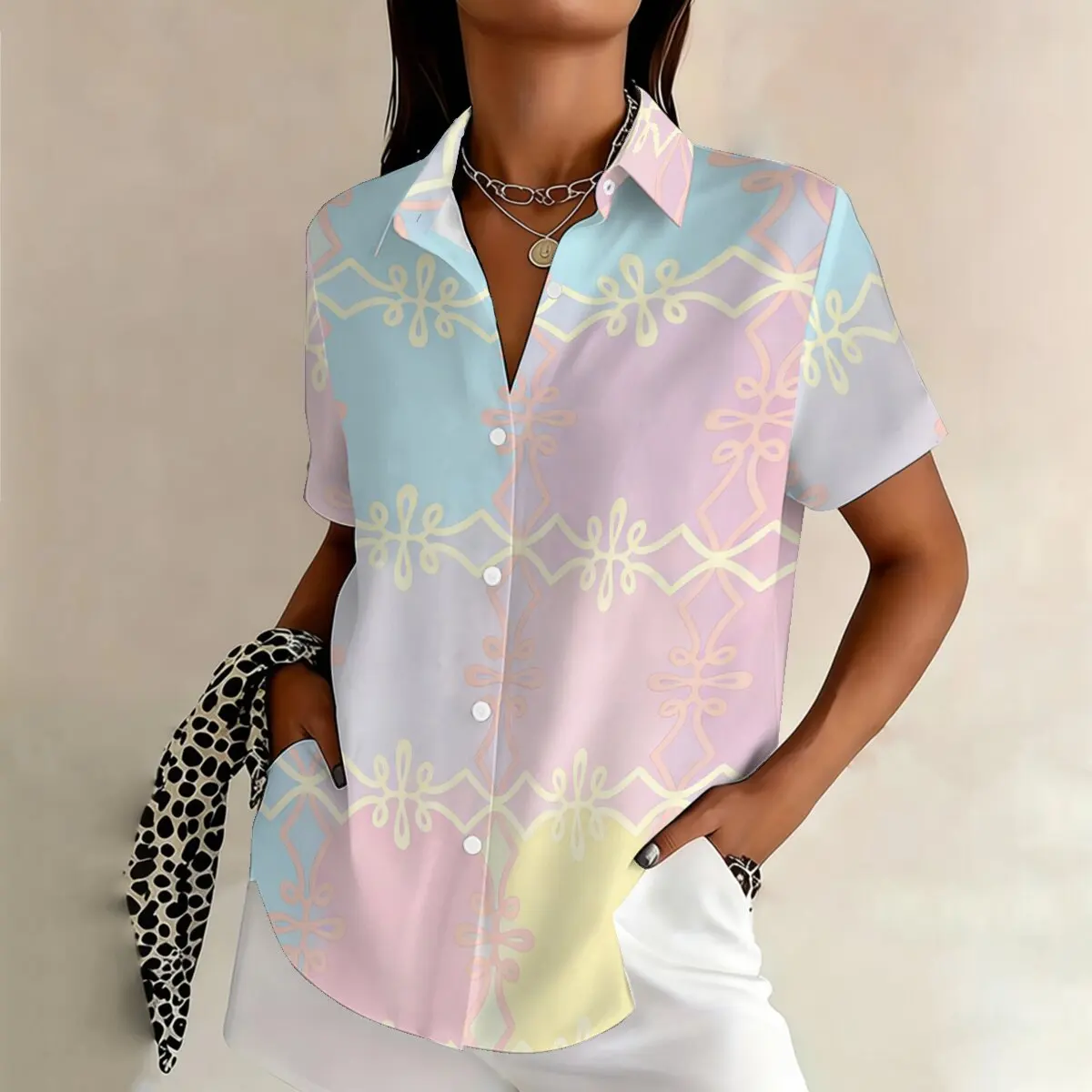 

Simple and personalized mixed dye printed summer women's plus size lapel short sleeved shirt fashionable daily versatile top