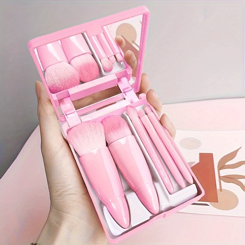 5Pcs Portable Makeup Brush Set With Mirror -  Foldable Travel Kit Mini Makeup Brush Set Travel Makeup Brush Set makeup brush set