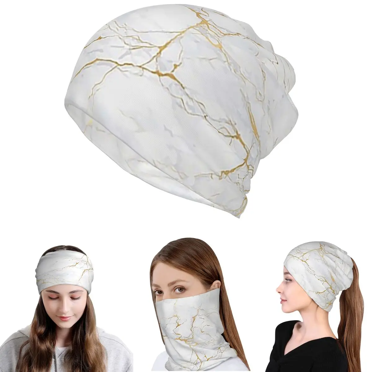 

White And Gold Marbl Bandana Neck Gaiter Wrap Scarf Warm Cycling Scarf Beanies Hat for Men Women Adult Winter