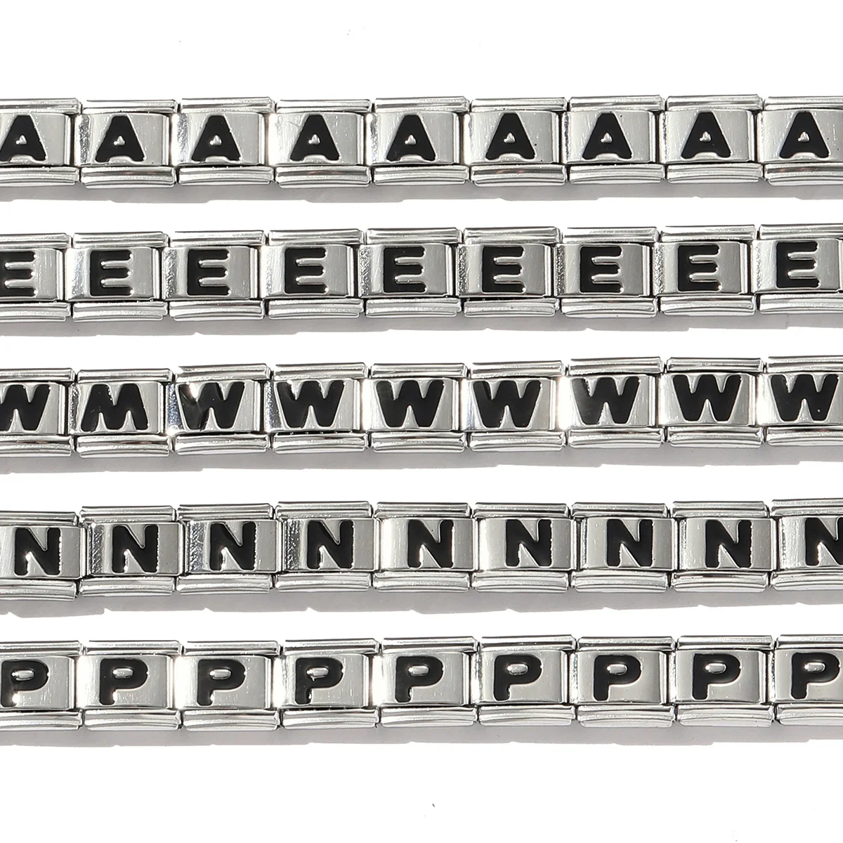 18 unids/lote de eslabones de encanto italiano con letra inicial de nombre esmaltado negro, pulseras de acero inoxidable de 9mm para mujer, joyería DIY