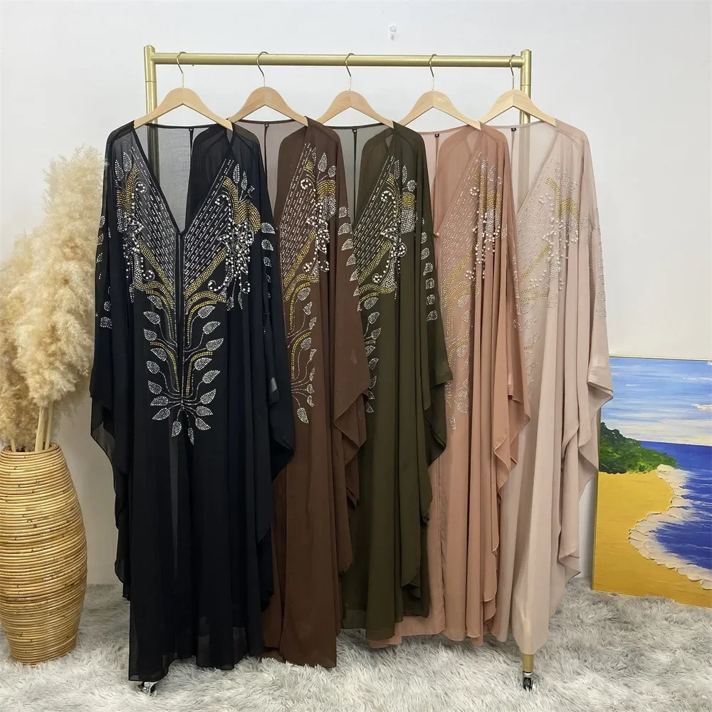 Dubai Abayas Women Muslim Chiffon Beads Open Abaya Kimono Maxi Dress Turkey Robe Morocco Eid Party Jalabiya Gown Kebaya Kaftan