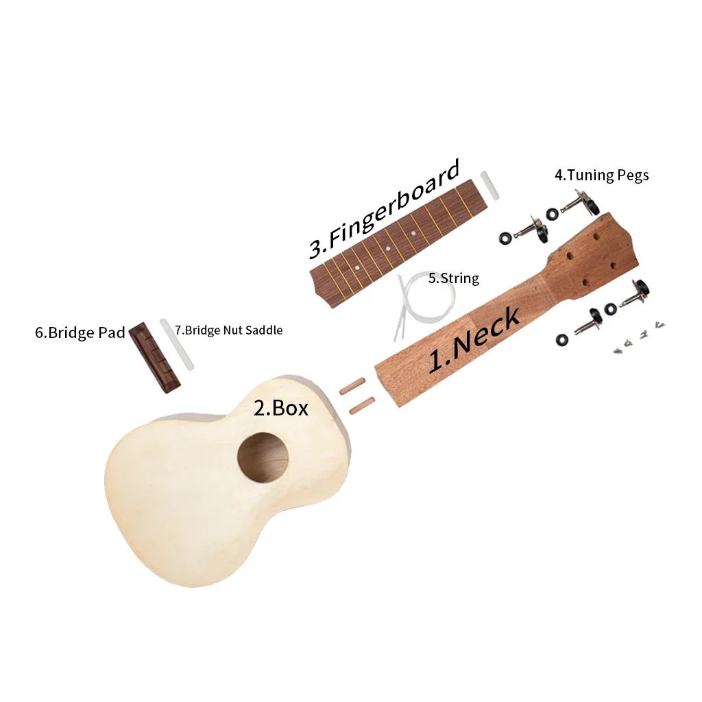 Unfinished 21 Inches Hawaii Guitar Body Soprano Ukulele DIY KIT 4 Strings   Handwork Basswood Fingerboard Pegs SET