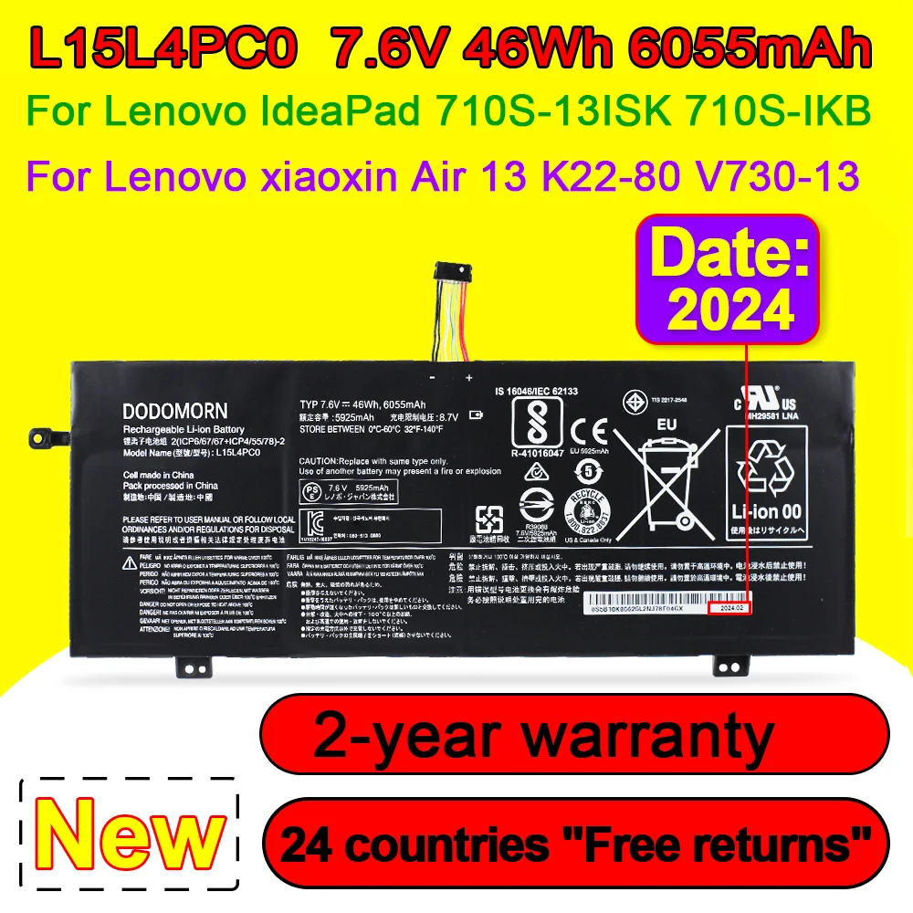 

L15L4PC0 Laptop Battery For Lenovo IdeaPad 710S-13IKB 710S-13ISK Xiaoxin Air 13 K22-80 V730-13 L15M4PC0 L15S4PC0 46Wh 7.6V