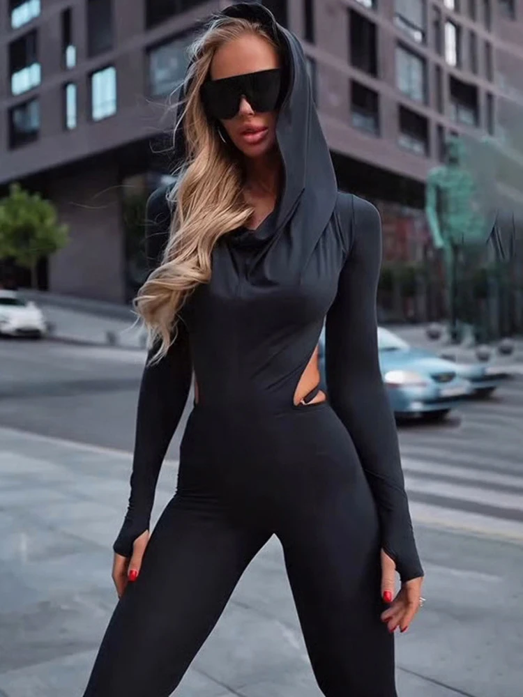 

Oniflyme сексуальные обтягивающие комбинезоны с открытой спиной и капюшоном, женские осенние черные цельные комбинезоны с длинными рукавами, женские вечерние комбинезоны
