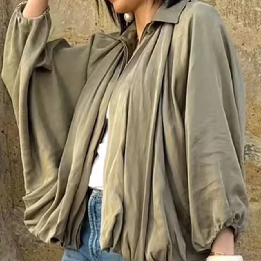 

Loose Fitting Olive Green Jacket Women Stylish Wide Sleeves Pleated Front Lightweight Womens Jackets Casual Outerwear