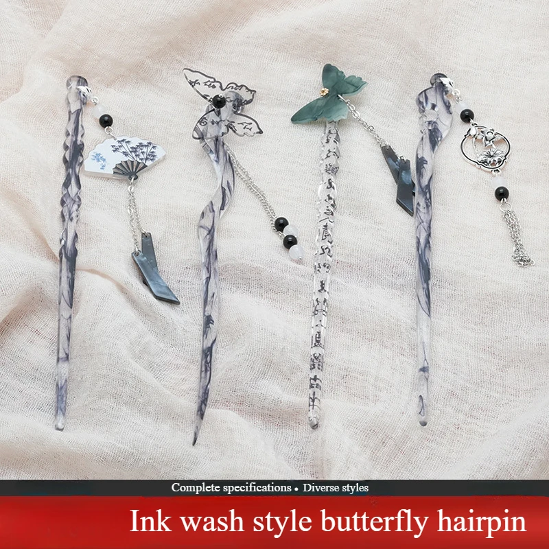 

Retro Themed Calligraphy Butterfly Traditional Tassel Antique Style Hairpin Women Horse Face Skirt Braided Hair Accessories