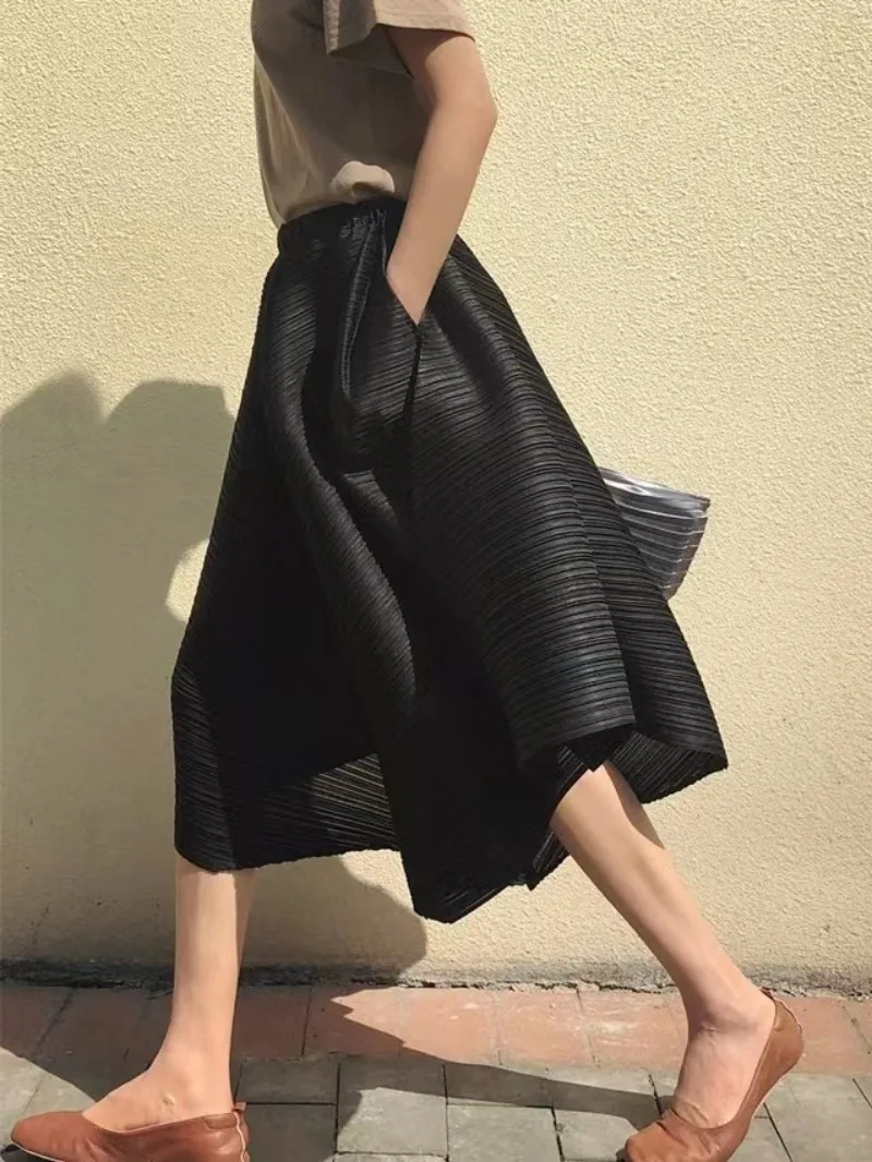 2026 New Summer Miyake Style Pleated Culottes Irregular Skirts Women Elastic High Waisted Korean Loose Wide-leg Pants