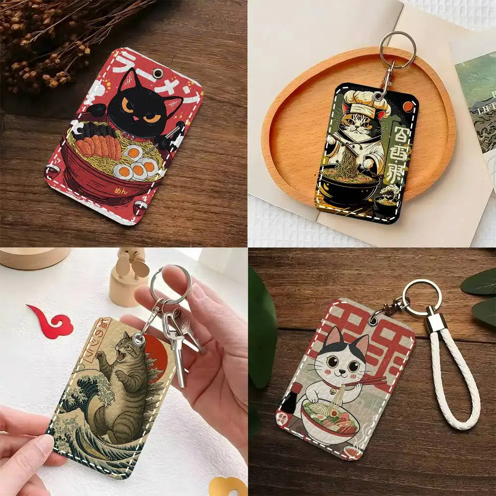 Japanese Cat Card Wallet With Keychain PU Leather Printed Pattern Card Holder