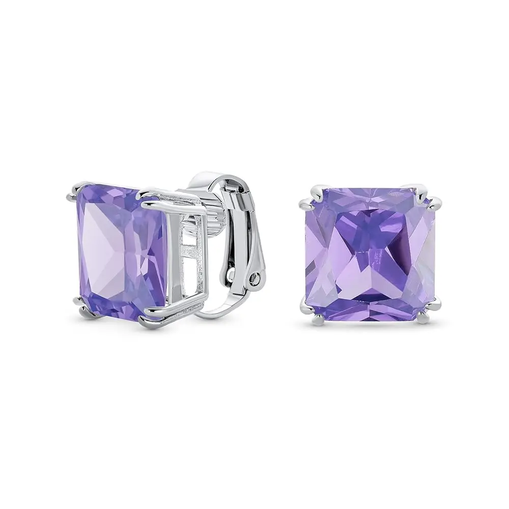 

Classic Large Statement 5CT Square Princess Cut AAA CZ Solitaire Clip On Stud Earrings For Women Silver Plated Non Pierced Si
