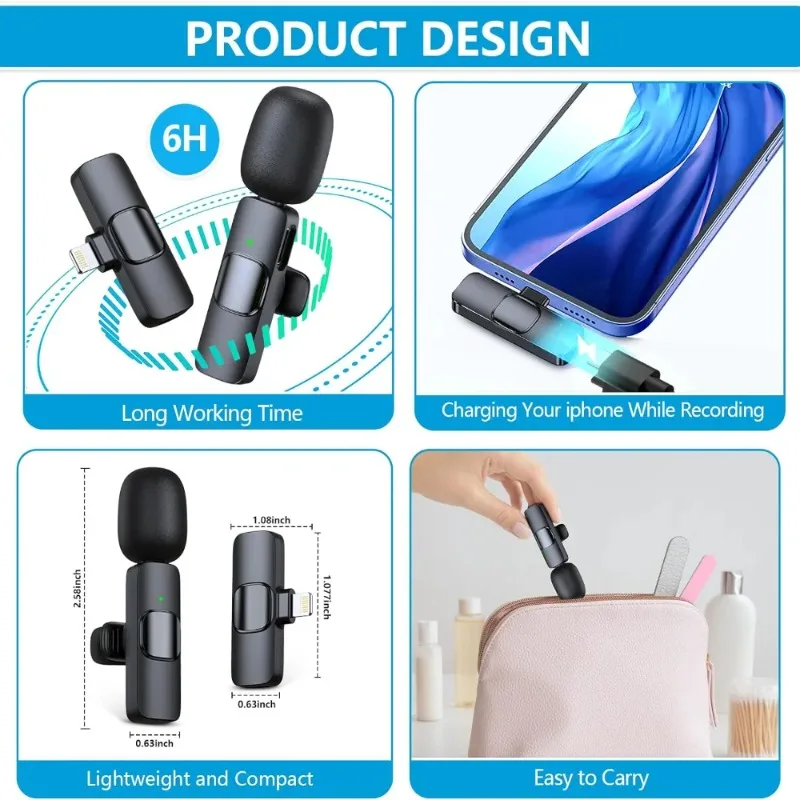 2 Microfones Lavalier Sem Fio para iPhone, Android e iPad, Microfone Mini Clip-on com Qualidade de Som Cristalina