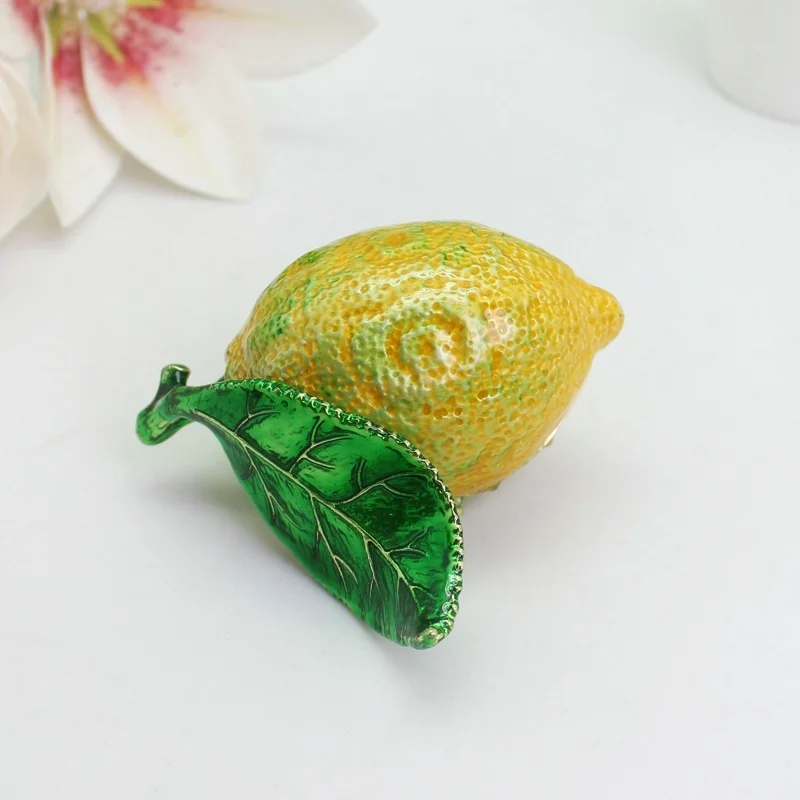 SHINNYGIFTS Lemon Trinket Box Enamel Hinged Jewelry Box Hand Painted Collectible Fruist Metal Figurine Home Decor Gift Box