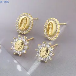 MHS.SUN Shining Zircon Virgin Mary Portrait Stud Earrings Exquisite Women Gold Plated Santa Maria Earring Ear Jewelry Gifts