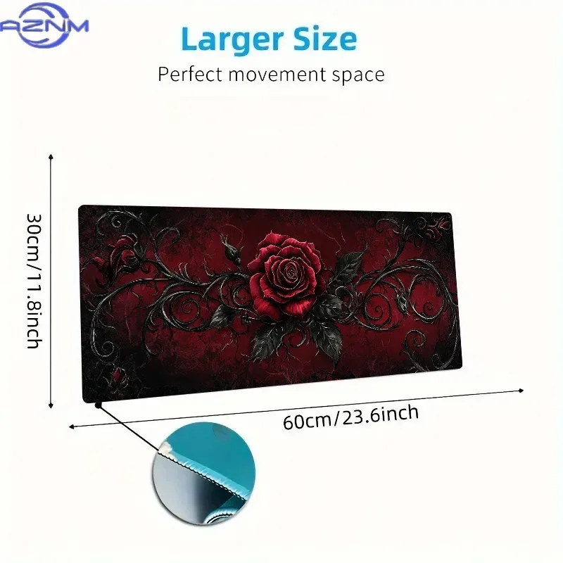 Gothic Thorn Rose Design Mouse Pad | Large cm x cm Non-Slip Rubber Base, Dark Red Polyester Gaming & Office Mat with Intricate F