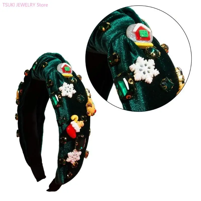 

62KE Рождественская повязка на голову для девочки с широкими полями и стразами из смолы Санта-декор