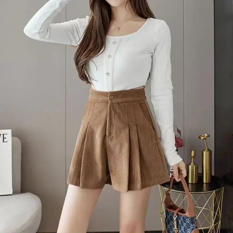 

Women High Waist Corduroy Pleated Shorts Autumn Winter 2024