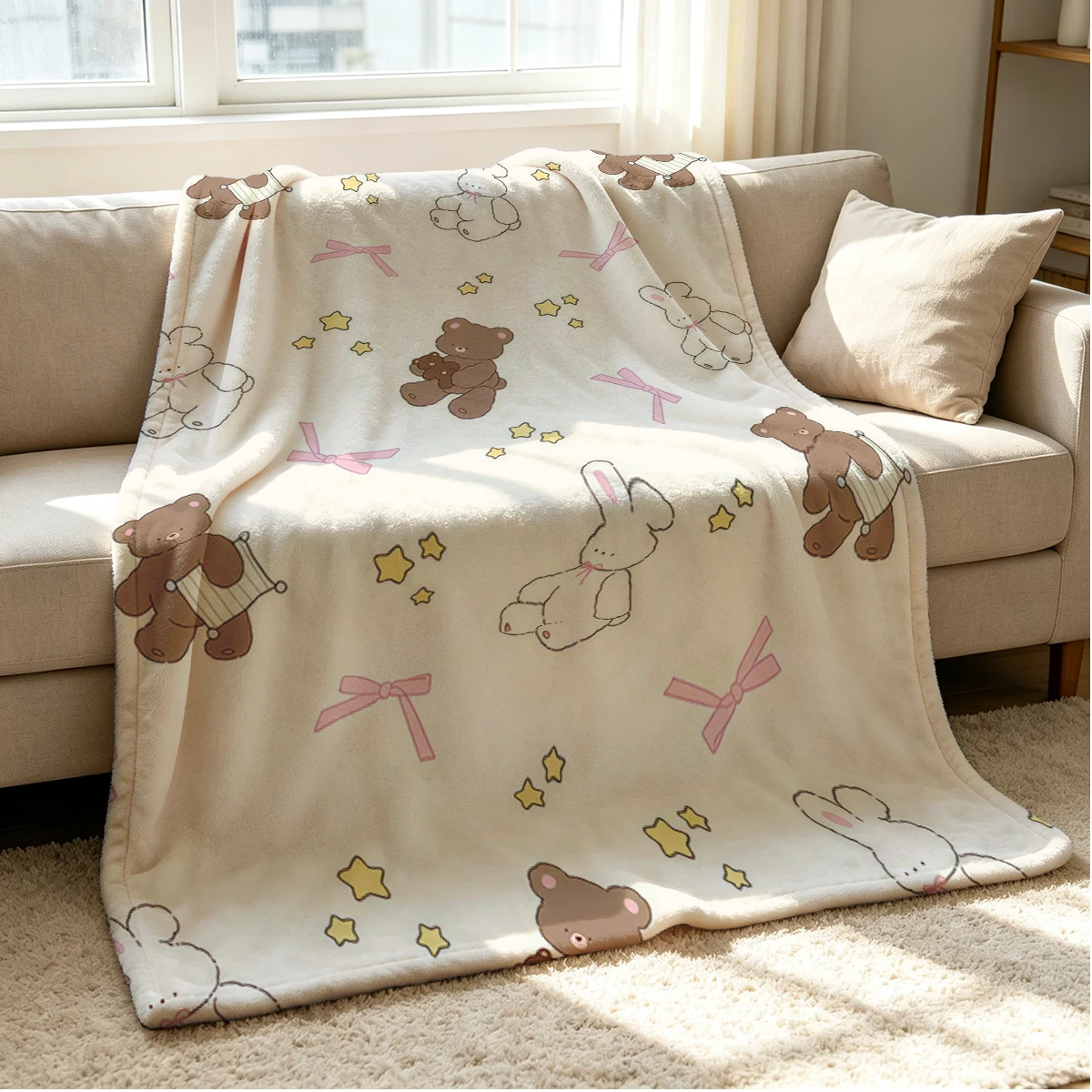 Teddy Joy Flannel Blanket Warm Soft Halloween Christmas Couch Warm Cozy Decorative Decor Gift for All Season
