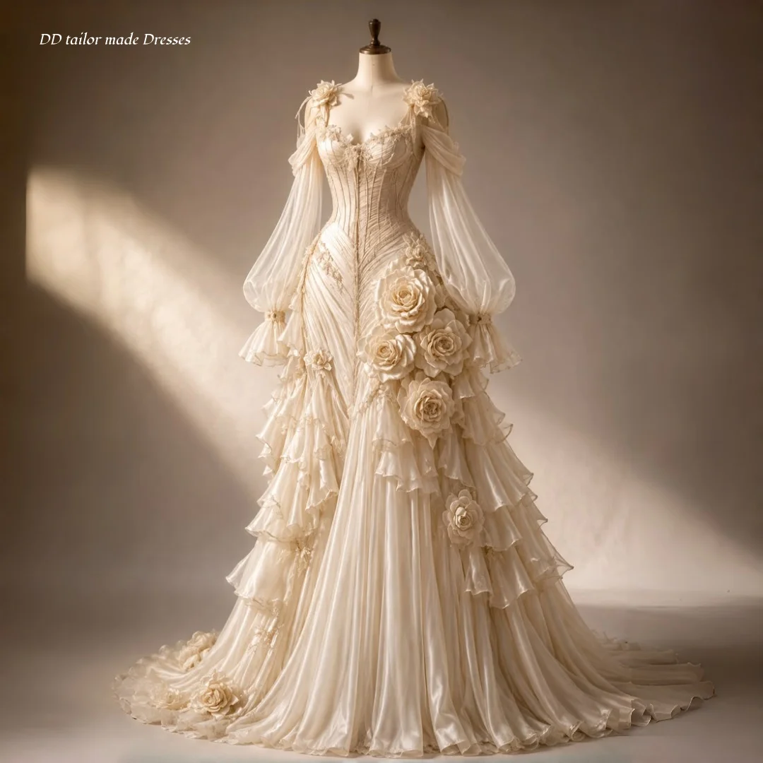 Vintage Light Champagne Wedding Dress Off Shoulder Puff Long Sleeve Corset Floral Rose Ruffled Tulle Long Bridal Gown Customized