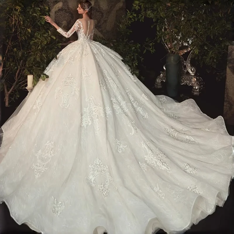 Beading Pearls Appliques Lace Illusion Princess Ball Gown Wedding Dress With Long Sleeve Vestido De Noiva Princesa  2026