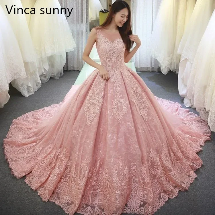 

customize Pink Wedding Dresses Princess Sleeveless lace applique Long Tail luxury Bridal dressBackles vestidos de novia