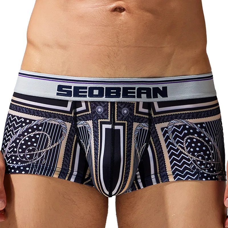 SEOBEAN Mens Boxers Low Waist U Convex Boxer Sexy Tight Fashion Vintage Printed Panties Breathable Seamless Underwear Lingerie