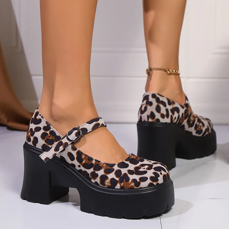 Leopard Print Platform Pumps Women Fahsion Buckle High Heels Mary Janes Woman Round Toe Chunky Heels Party Shoes Plus Size 42