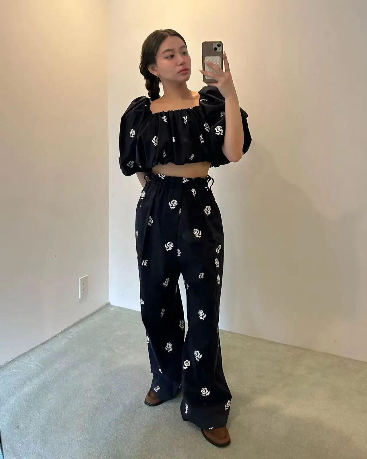 Casual Trousers Japanese Style Rose Print Workwear Wide Leg Women Pants Drawstring Design Slim and Sweet Cool Long Pants