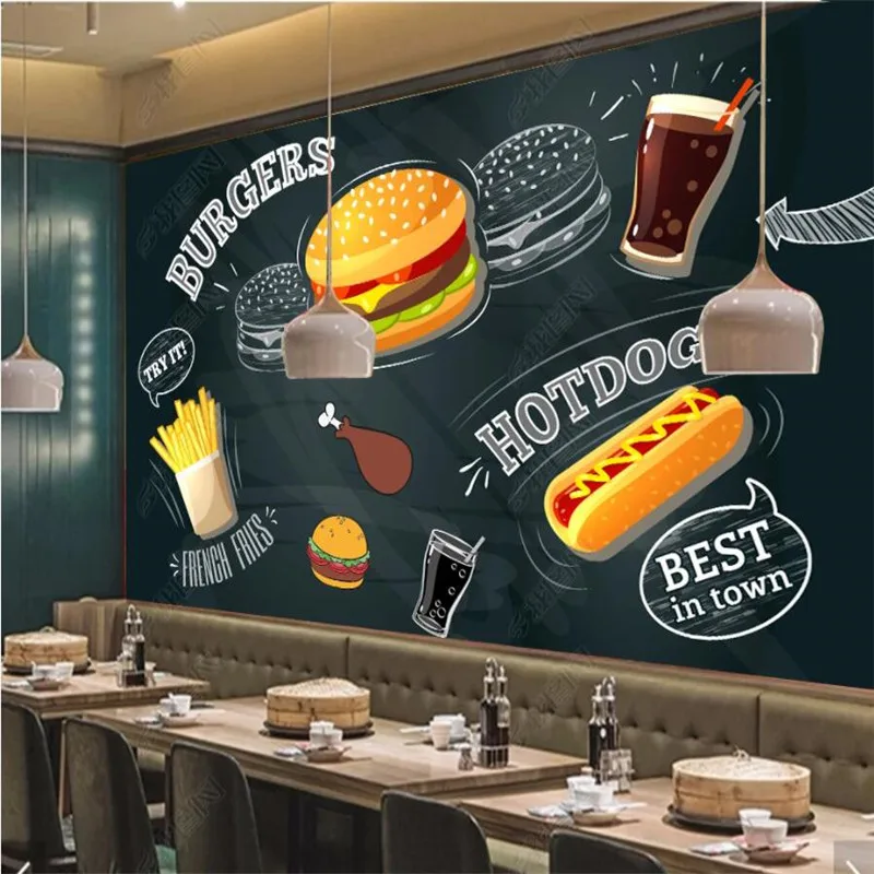 

Custom Mural Hand-painted Burger Fast Food Restaurant Industrial Decor Wall Paper Snack Bar Self Adhesive Contact Wallpapers