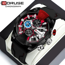 BORUSE Men Chronograph Silicone Watch for Mens Quartz Wristwatches Man Business Casual Waterproof Luminous Clock