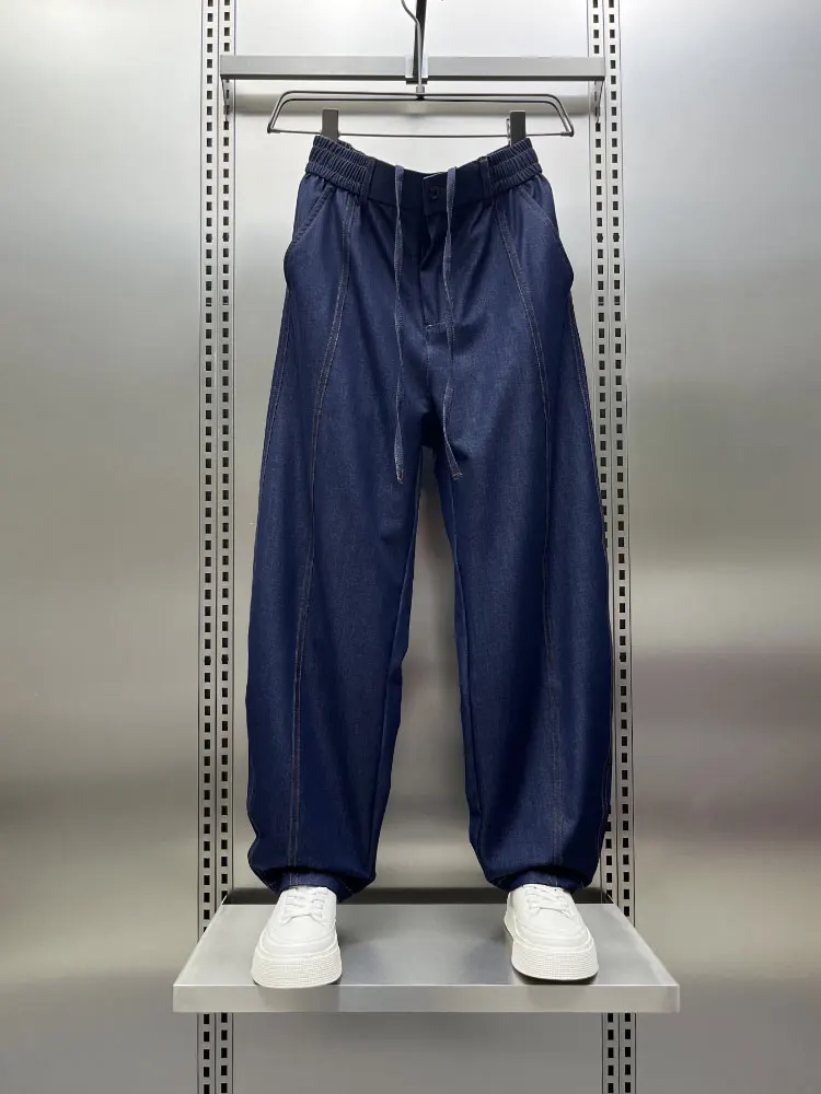 

Летние тонкие джинсы мужские 2025 из ледяного шелка, прямые брюки с эффектом драпировки, с дизайнерскими швами, свободные широкие длинные брюки