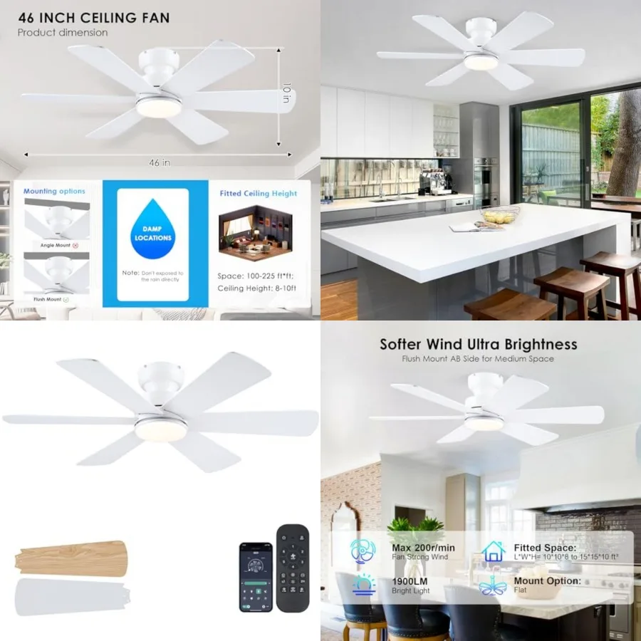 Ceiling Fans with Lights, Ceiling Fan with Remote APP, Dual-Sided Modern/Rustic 6 Blades, Reversible, 3CCT, Flush Mount Low Pro