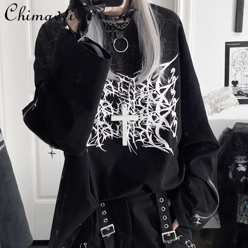 الأصلي طباعة ثقافة فرعية داكنة فضفاضة طويلة الأكمام القطن الخالص تي شيرت اليابانية الشرير القوطية طويلة الأكمام جولة الرقبة فتاة باردة
