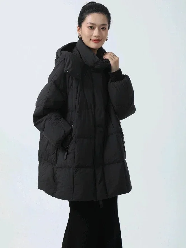 

2025 European Winter Women's Down Jacket Commuting Loose Hooded Thick Warm Down Jacket