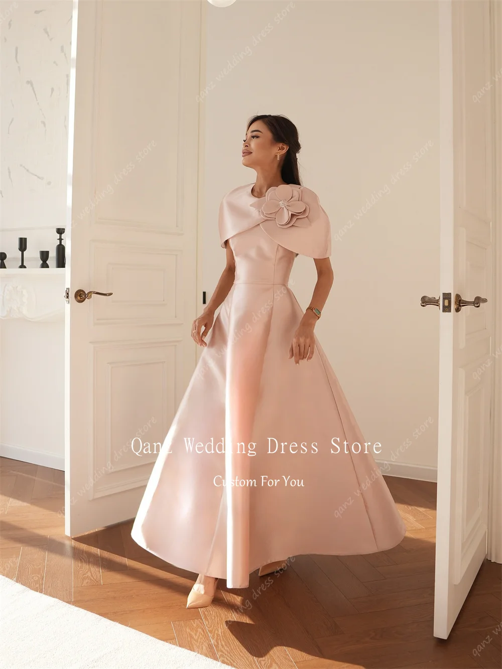 Qanz Blush Pink Satin Evening Dresses O Neck Long A Line Robe De Soirée Backless 3D Flower Wedding Guest Women Customized