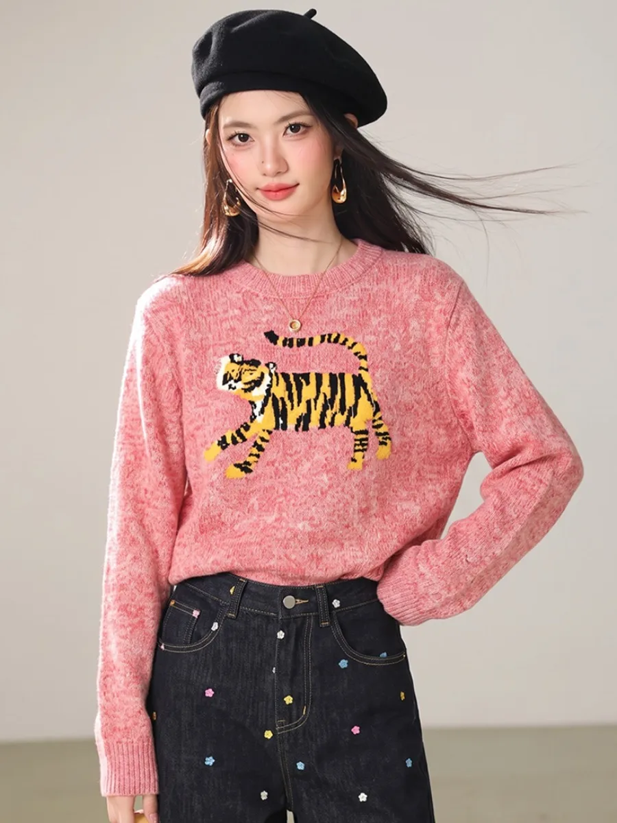 Pink Mixed Color Knitted Sweater round Neck Tiger Pattern Loose Long Sleeve Autumn Top Women's Fashion Soft Knitwear